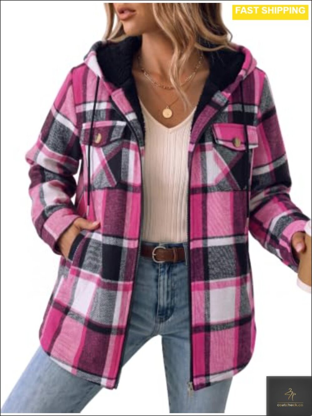 Plaid Fleece Lined Hooded Shacket Zip Up Winter Coat